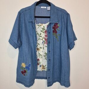 Lee Vintage Denim Embroidered Floral Button Down Built in Dickie Retro 90s Sz 1X